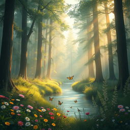 An enchanting forest scene filled with tall, lush trees and soft, warm sunlight filtering through the leaves, creating a magical ambiance