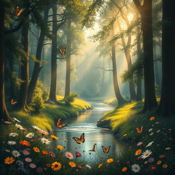 An enchanting forest scene filled with tall, lush trees and soft, warm sunlight filtering through the leaves, creating a magical ambiance