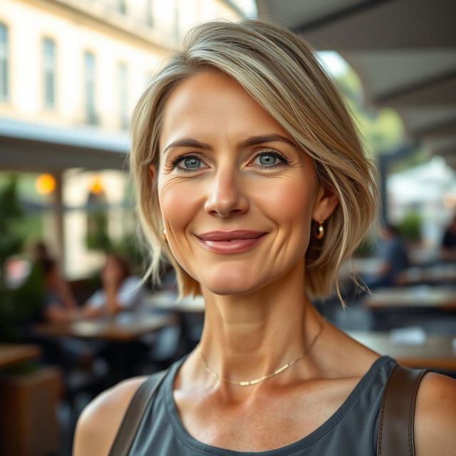 A full-height photograph of a woman aged 30 to 45 years with a natural appearance, showcasing minimal makeup and well-groomed hair