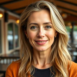 A full-height photograph of a woman aged 30 to 45 years with a natural appearance, showcasing minimal makeup and well-groomed hair