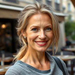 A full-height photograph of a woman aged 30 to 45 years with a natural appearance, showcasing minimal makeup and well-groomed hair