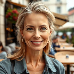 A full-height photograph of a woman aged 30 to 45 years with a natural appearance, showcasing minimal makeup and well-groomed hair
