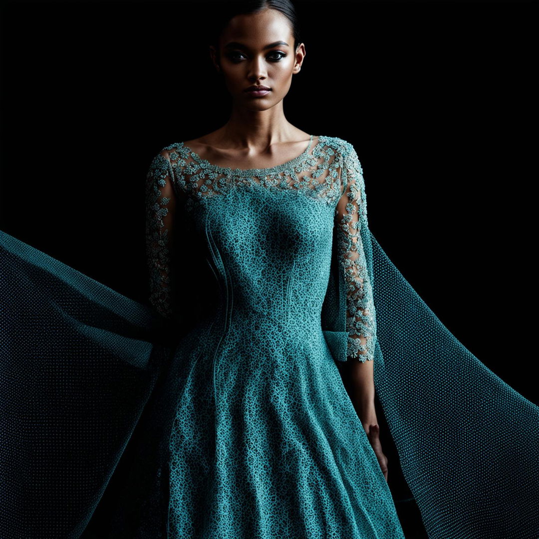 This is a high-quality, editorial-style photograph featuring a model in a different dress, adorned with intricate, elegant embroidery