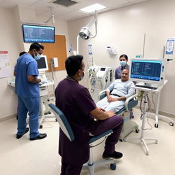 A medical setting showcasing an Intradialytic Cycling (IDC) scene with a focus on LFTS (Liver Function Tests) being performed
