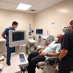 A medical setting showcasing an Intradialytic Cycling (IDC) scene with a focus on LFTS (Liver Function Tests) being performed