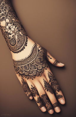 A high-quality digital art image showcasing simple, traditional mehndi designs on a pair of beautifully rendered hands