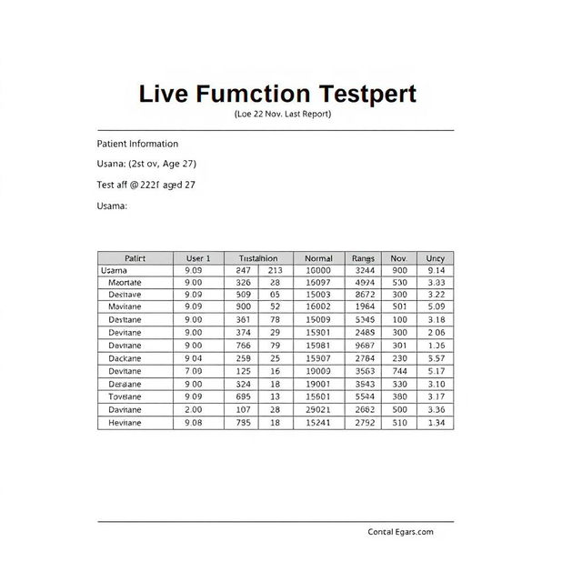 An informative and visually appealing layout of a lab test report, specifically for a Liver Function Tests (LFTS) conducted on an individual named Usama, aged 27