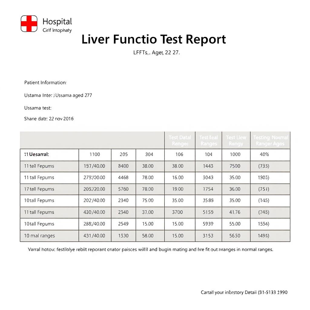 An informative and visually appealing layout of a lab test report, specifically for a Liver Function Tests (LFTS) conducted on an individual named Usama, aged 27