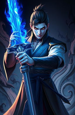 A handsome man named Akira, with striking facial features and an intense gaze, is holding a stunning lazurine sword