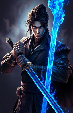 A handsome man named Akira, with striking facial features and an intense gaze, is holding a stunning lazurine sword
