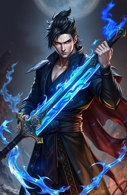 A handsome man named Akira, with striking facial features and an intense gaze, is holding a stunning lazurine sword
