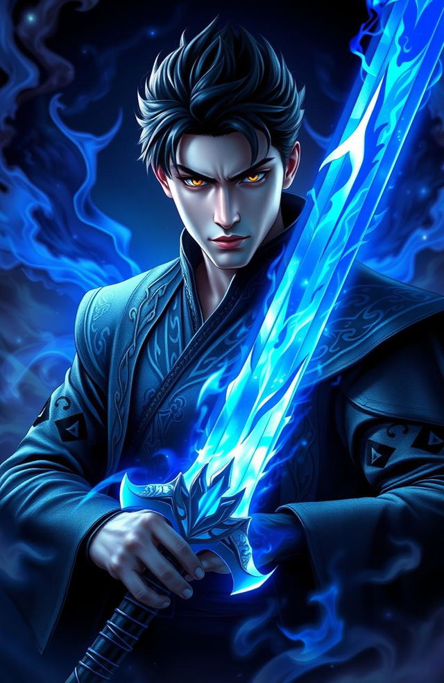 A handsome man named Akira, with striking facial features and an intense gaze, is holding a stunning lazurine sword