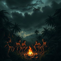 A dramatic depiction of Cannibal Island, showcasing the stark contrast between the lush tropical landscape and the dark undertones of cannibalism