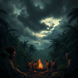 A dramatic depiction of Cannibal Island, showcasing the stark contrast between the lush tropical landscape and the dark undertones of cannibalism