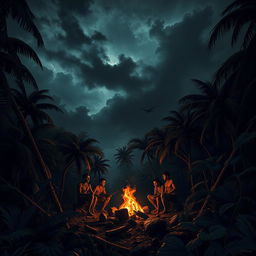 A dramatic depiction of Cannibal Island, showcasing the stark contrast between the lush tropical landscape and the dark undertones of cannibalism