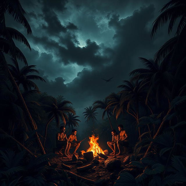 A dramatic depiction of Cannibal Island, showcasing the stark contrast between the lush tropical landscape and the dark undertones of cannibalism