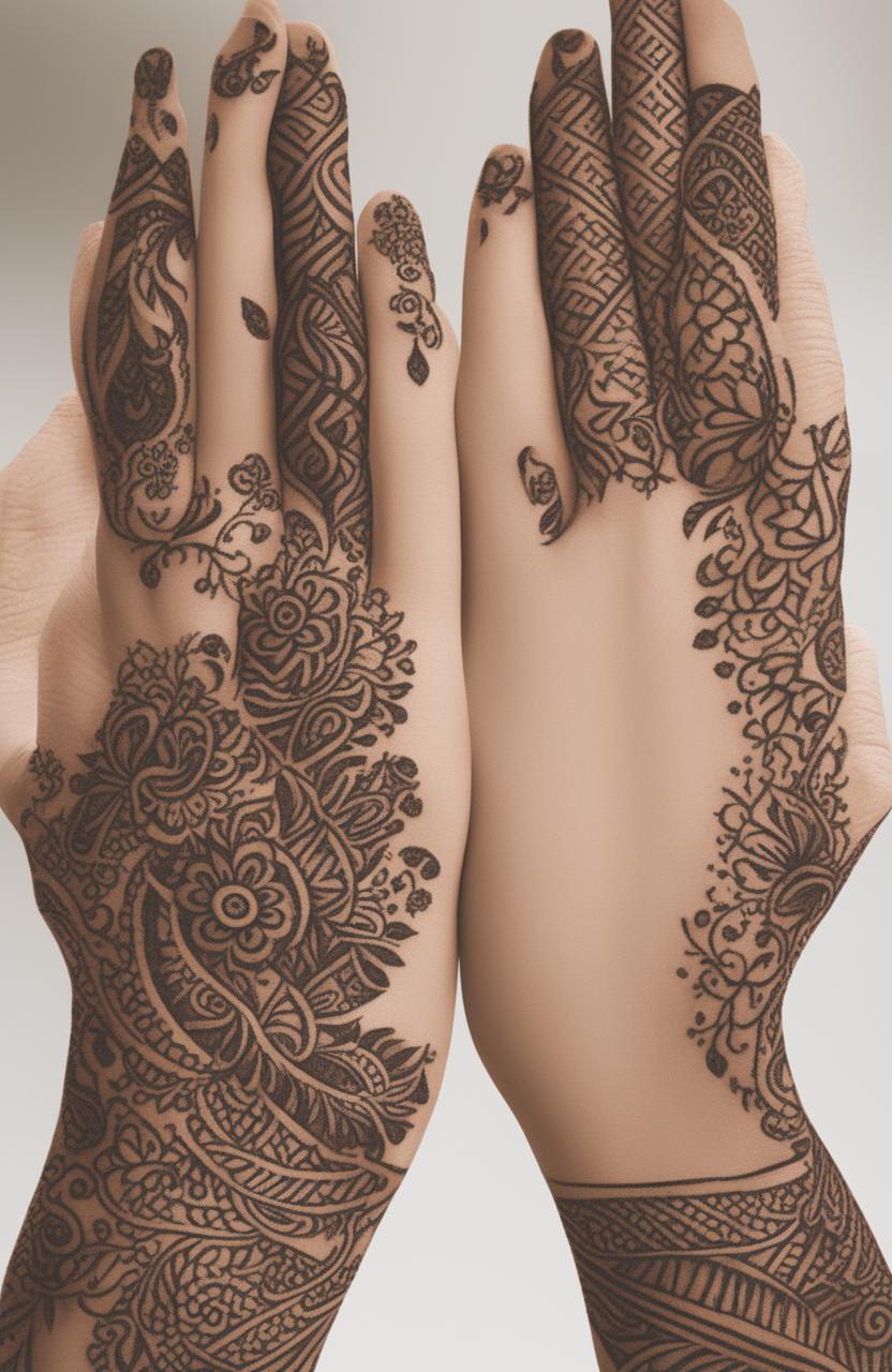 A high-quality digital art image featuring minimalistic mehndi designs on a pair of elegantly rendered hands