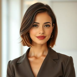 A fashionable 30-year-old woman with a well-groomed appearance, dressed in stylish attire