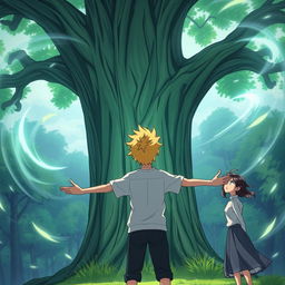 A young man named Kaito stands facing a large tree, his body tense with determination