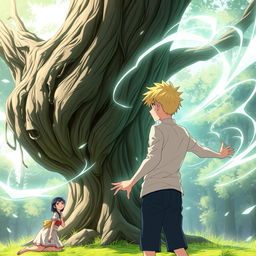 A young man named Kaito stands facing a large tree, his body tense with determination