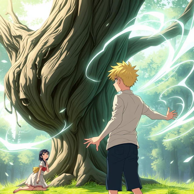 A young man named Kaito stands facing a large tree, his body tense with determination