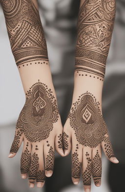 A high-quality digital art image featuring minimalistic mehndi designs on a pair of elegantly rendered hands