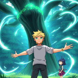 A young man named Kaito stands facing a large tree, his body tense with determination