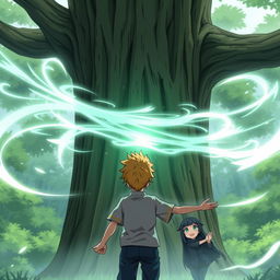 A young man named Kaito stands facing a large tree, his body tense with determination