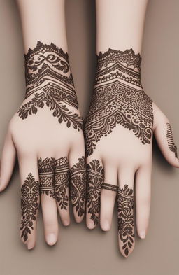 A high-quality digital art image featuring minimalistic mehndi designs on a pair of elegantly rendered hands