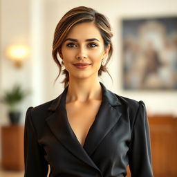 A fashionable 30-year-old woman with a well-groomed appearance, dressed in elegant attire featuring a modest neckline