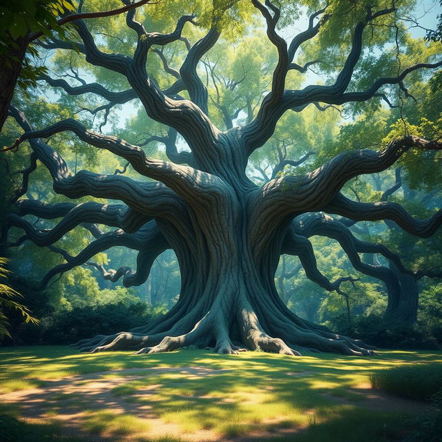 An ancient, majestic tree with a wide trunk and sprawling branches, surrounded by lush foliage