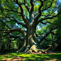 An ancient, majestic tree with a wide trunk and sprawling branches, surrounded by lush foliage