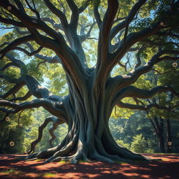 An ancient, majestic tree with a wide trunk and sprawling branches, surrounded by lush foliage