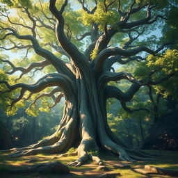 An ancient, majestic tree with a wide trunk and sprawling branches, surrounded by lush foliage