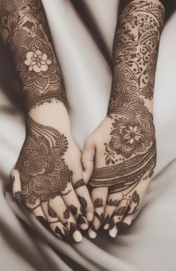 A high-quality digital art image featuring minimalistic mehndi designs on a pair of elegantly rendered hands