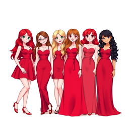 Four beautiful girls, each with different hair colors - one has vibrant red hair, another is a stunning brunette, the third has striking blonde locks, and the last sports a deep black mane
