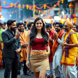 A fashionable young woman wearing a stylish mini skirt, surrounded by a group of excited Indian men in vibrant traditional attire, smiling and engaging in lively conversation