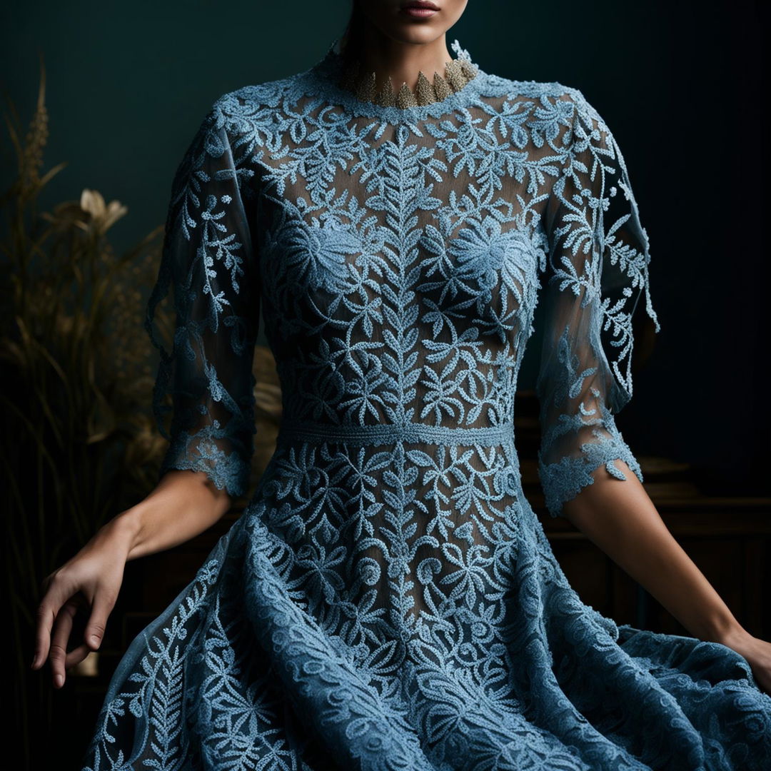 This is a high-definition, editorial-style photograph of a model in a new, differently colored dress adorned with intricate, elegant embroidery