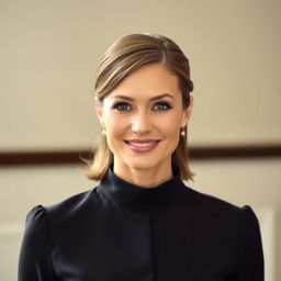 A stylish 30-year-old woman with a well-groomed appearance, dressed in elegant attire with a closed neckline