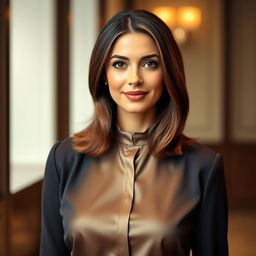 A stylish 30-year-old woman with a well-groomed appearance, dressed in elegant attire with a closed neckline