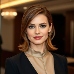 A stylish 30-year-old woman with a well-groomed appearance, dressed in elegant attire with a closed neckline