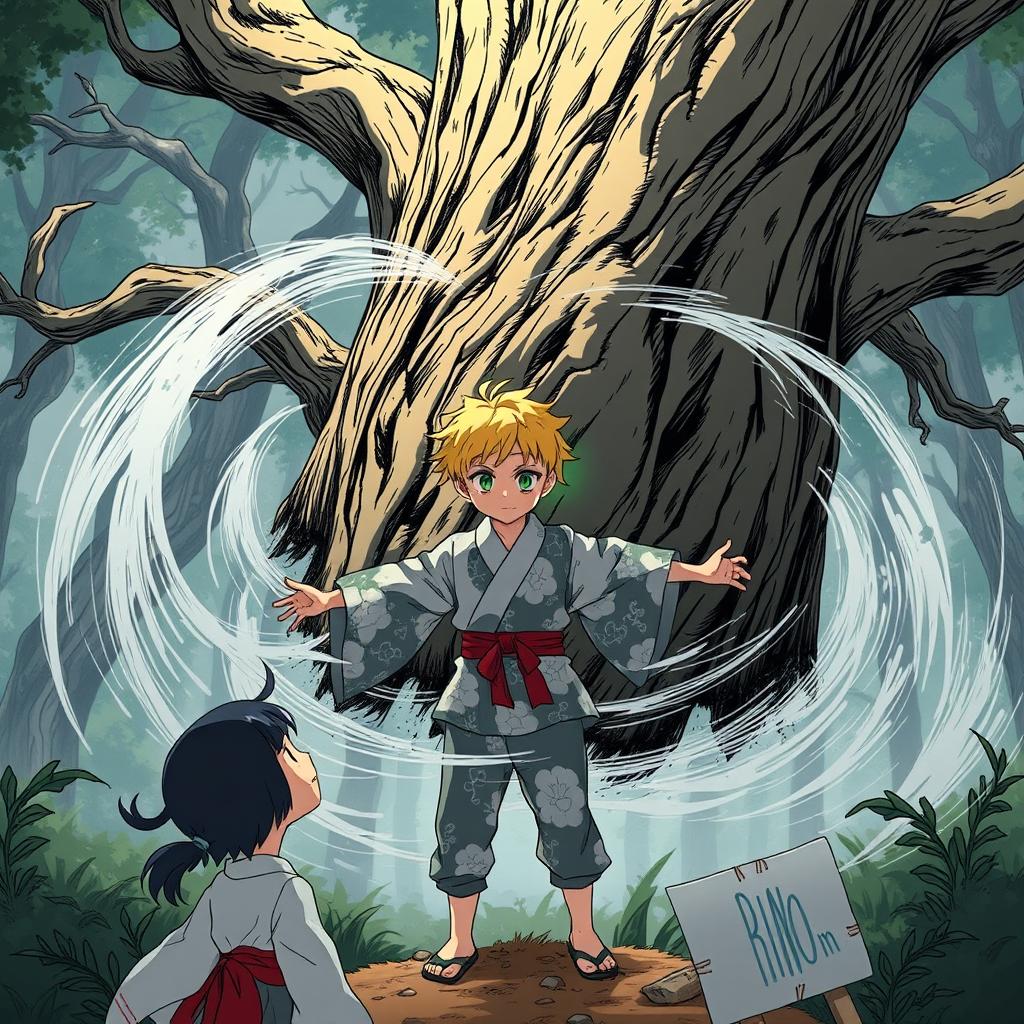 A striking scene featuring a 5-year-old boy named Kaito, facing a large, mid-air tree that is being pushed back by a strong gust of wind