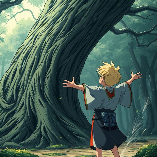 A striking scene featuring a 5-year-old boy named Kaito, facing a large, mid-air tree that is being pushed back by a strong gust of wind