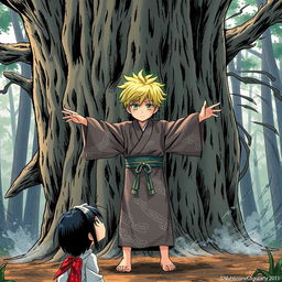 A striking scene featuring a 5-year-old boy named Kaito, facing a large, mid-air tree that is being pushed back by a strong gust of wind