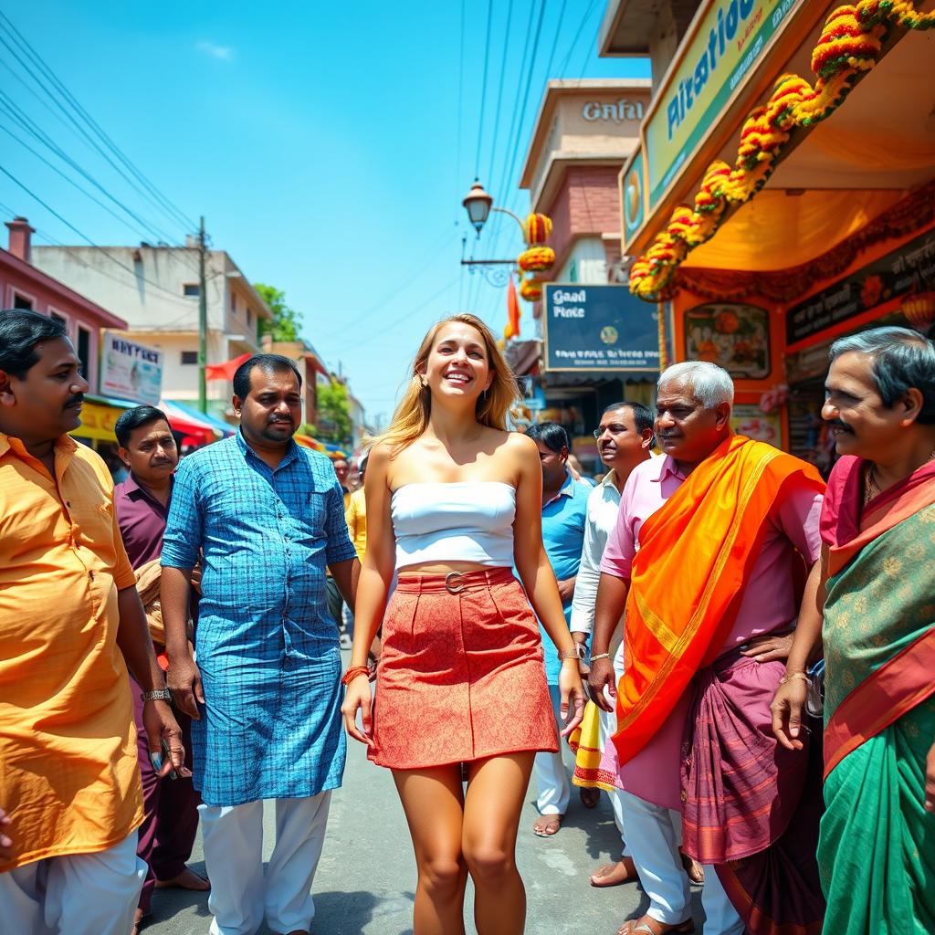 A lively street scene featuring a joyful white woman wearing a stylish mini skirt, surrounded by a group of friendly Indian men