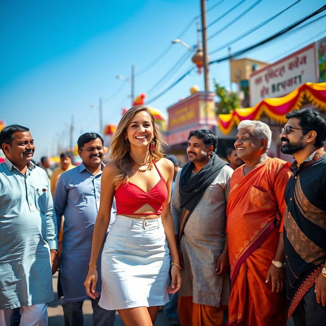 A lively street scene featuring a joyful white woman wearing a stylish mini skirt, surrounded by a group of friendly Indian men