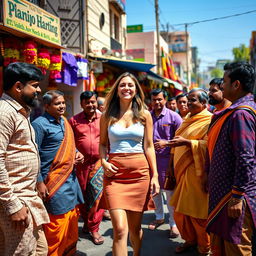 A lively street scene featuring a joyful white woman wearing a stylish mini skirt, surrounded by a group of friendly Indian men