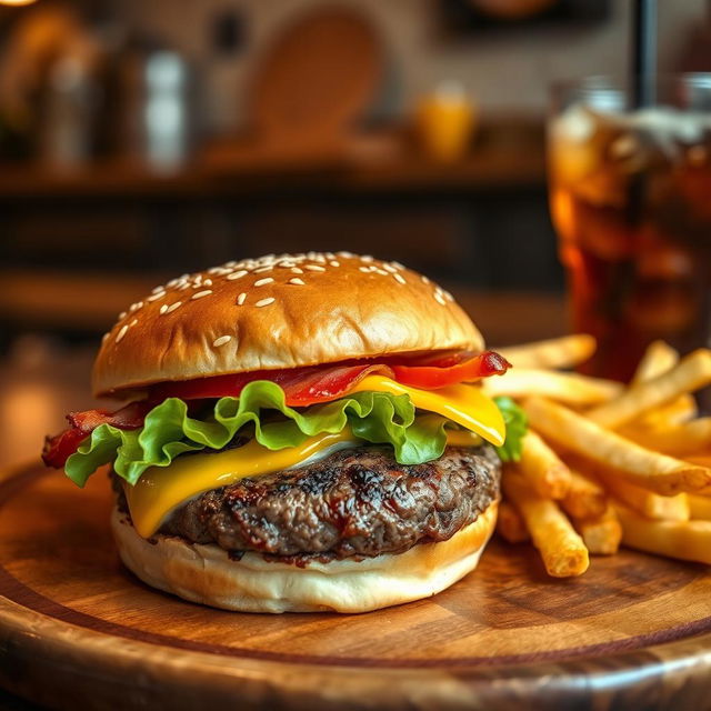 A close-up of a burger on a wooden plate, featuring a perfectly grilled beef patty, melted cheddar cheese, fresh lettuce, juicy tomato slices, crispy bacon, and a dollop of mayonnaise, all sandwiched between a soft sesame seed bun