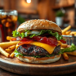 A close-up of a burger on a wooden plate, featuring a perfectly grilled beef patty, melted cheddar cheese, fresh lettuce, juicy tomato slices, crispy bacon, and a dollop of mayonnaise, all sandwiched between a soft sesame seed bun