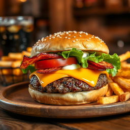 A close-up of a burger on a wooden plate, featuring a perfectly grilled beef patty, melted cheddar cheese, fresh lettuce, juicy tomato slices, crispy bacon, and a dollop of mayonnaise, all sandwiched between a soft sesame seed bun